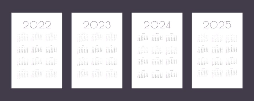 2022 2023 2024 2025 calendar individual schedule template in minimalist trendy style. Week starts on sunday vector