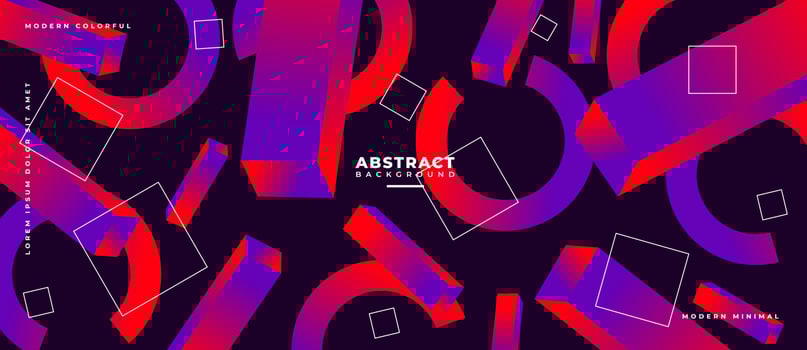 Colorful moving geometric polygon shape. Futuristic style 3D shape, circle, rectangle, line with purple, red abstract background. vector