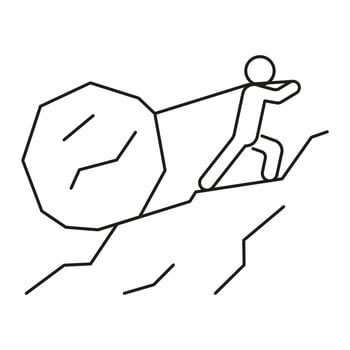 Man push up stone on rope in mountain, hard work, challenge. Drag load on rope. Hard climb up mountain. Vector line illustration