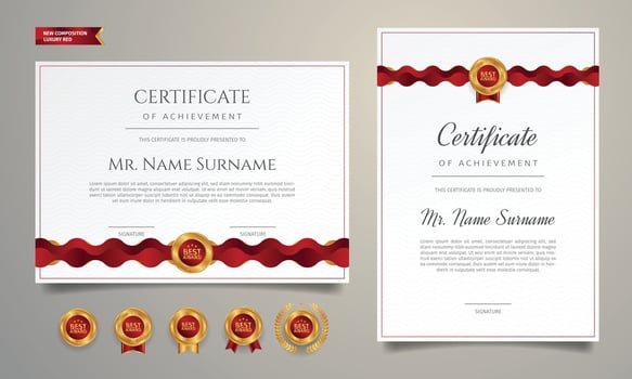 Luxury gold and red diploma certificate with badge and border template vector