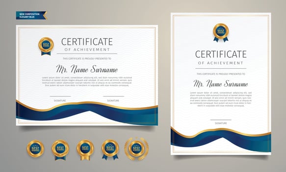 Appreciation certificate template with blue and gold badges vector