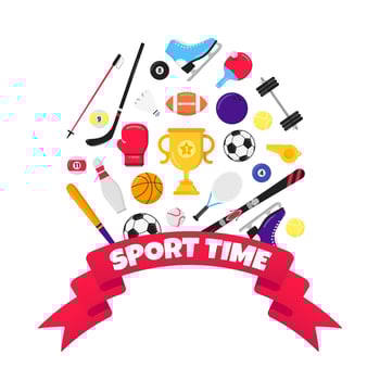 Sport time flat style design equipment poster vector illustration with balls - soccer, football, basketball. Cup goblet tennis and ping pong racket, big red ribbon and text space isolated on white.