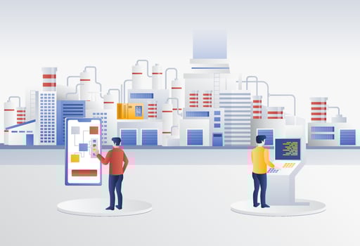Operators control the factory remotely vector