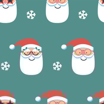 Seamless pattern with Santa head in funny glasses on blue background vector