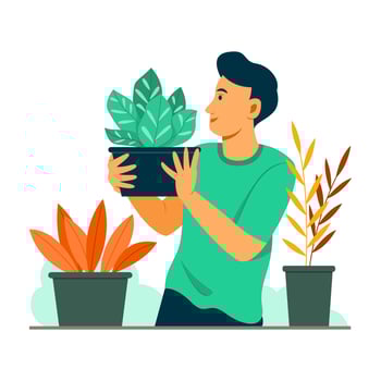Man Enjoy Gardening Activity with the Plants in the Garden. vector