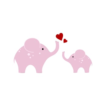 Drawing of a pink elephant for a girl isolated on a white background. Cute children's cartoon illustration. Mom and baby in the world of animals and wildlife.  poster in the children's room. vector