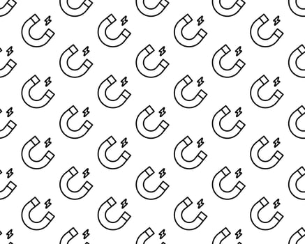 Black Magnet icon isolated seamless pattern on white background. Horseshoe magnet, magnetism, magnetize, attraction. Vector Illustration