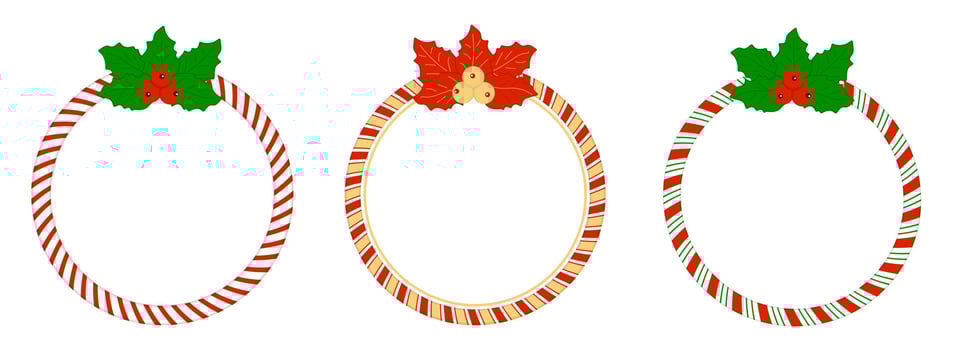 Round frame sweet candy cane. Christmas border with holly leaves. Vector illustration isolated.