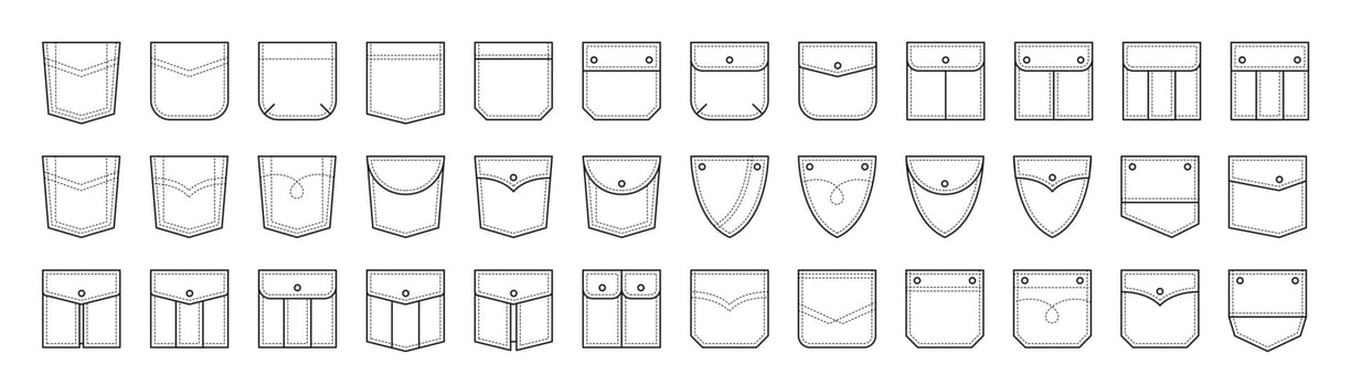 Set of patch pocket icons for pants, t-shirts and other clothing. Isolated linear vector illustration on white background