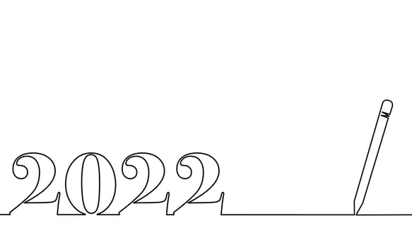One line drawing style with a pen on the right and 2022 on the left, the year of the lord. Concept about writing, simply, yearly, celebrating, anniversary and etc. vector