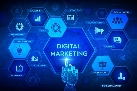 DIgital marketing technology concept on virtual screen. Internet. Online. Search Engine Optimisation. SEO. SMM. Advertising. Robotic hand touching digital interface. Vector illustration.
