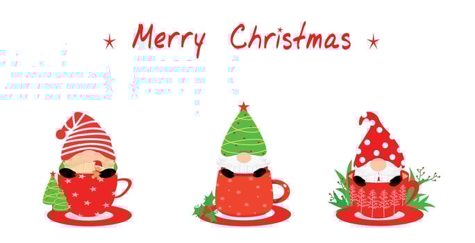 Vector - Set cute of Gnome in coffee or chocolate cup with word Merry Christmas. Can be use for print, paper or decorate any web, card. Holiday. Merry X'mas and Happy New Year.