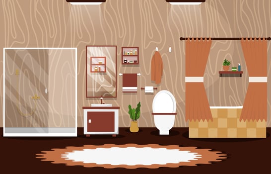 Clean Bathroom Interior Design Shower Bathtub Furniture Flat Illustration vector