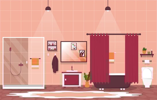 Clean Bathroom Interior Design Mirror Bathtub Furniture Flat Illustration vector