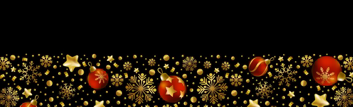 Happy New Year and Merry Christmas greeting card, holiday banner, web poster. Dark background with shining golden snowflakes and red Christmas balls - Vector