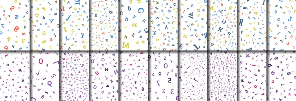 Collection of 20 seamless numbers and letters. For kids science educational projects, mathematics, algebra and letters from all the alphabet in repeating endless patterns. vector