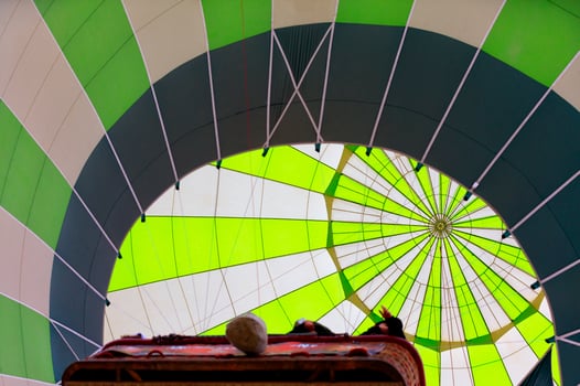 The dome of the balloon raises the basket with tourists photo