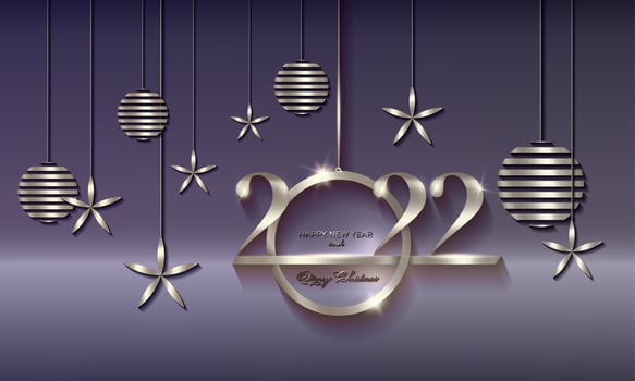 2022 Christmas luxury holiday banner with silver handwritten Merry Christmas and Happy New Year, platinum colored Christmas balls. Vector illustration isolated on soft purple background