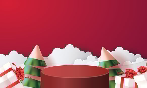podium stage christmas newyear red background tree for mockup shopping advertising vector illustration