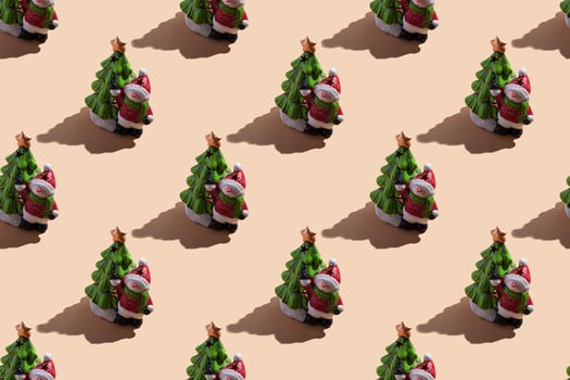 New Year's card close-up a snowman with a Christmas tree on a beige background with a hard shadow. seamless pattern photo