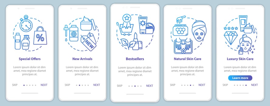 Skicare onboarding mobile app page screen with concepts. Bestsellers and special offers. Cosmetic products walkthrough 5 steps graphic instructions. UI vector template with RGB color illustrations