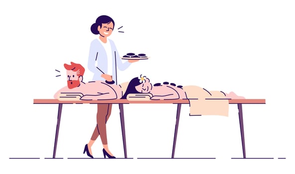 Couple on massage flat doodle illustration. Spa procedure. Hot stone massage therapy. Ancient practice. Relaxation. Indonesia tourism 2D cartoon character with outline for commercial use vector