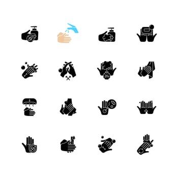 Keeping hands clean black glyph icons set on white space. Washing with soap and water. Remove pathogenic microorganisms. Personal hygiene routine. Silhouette symbols. Vector isolated illustration