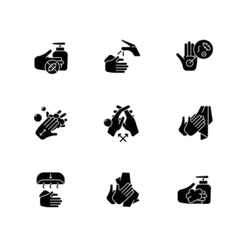 Hand washing steps black glyph icons set on white space. Removing germs from hands. Applying soap and disinfectant. Reducing common infection risk. Silhouette symbols. Vector isolated illustration