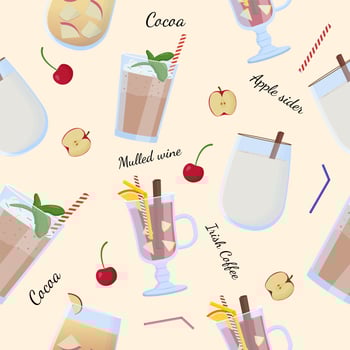 Alcohol drinks and cocktails seamless pattern. Mulled wine vector
