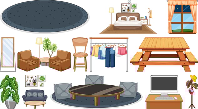 Set of interior furniture and decorations vector