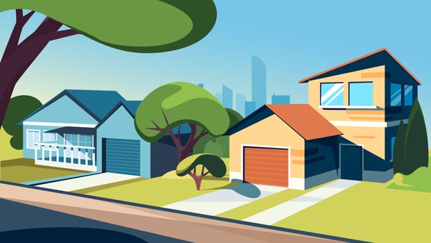 Suburban street in summer season. vector