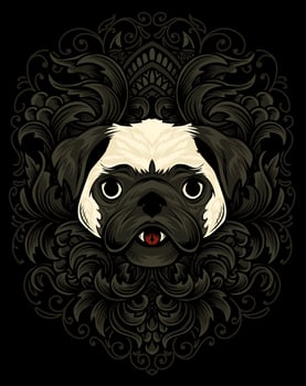 illustration pug dog head with vintage engraving ornament vector