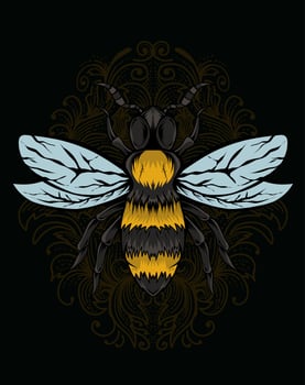 illustration bee insect with engraving ornament vector