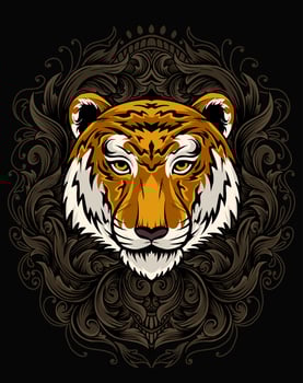 illustration tiger head with vintage engraving ornament vector