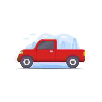 Pickup truck vector illustration designed in red and decorated with city scenery illustration elements as background in the transport car illustration theme