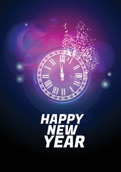 Purple shiny Merry Happy New Year 2022 greeting card with clock. vector background.