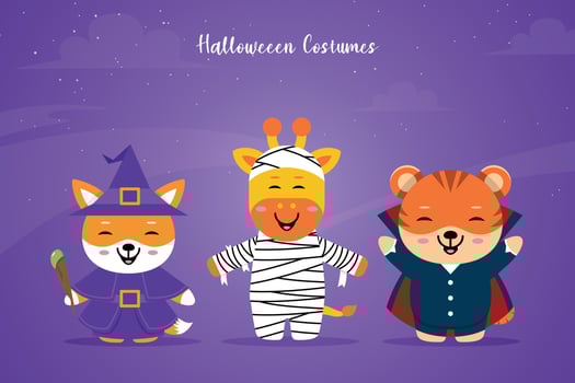 Set animals use costumes for Halloween party celebrations, funny costumes with scary Halloween backgrounds. vector