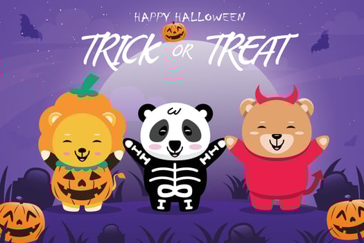 Set animals use costumes for Halloween party celebrations, funny costumes with scary Halloween backgrounds. vector