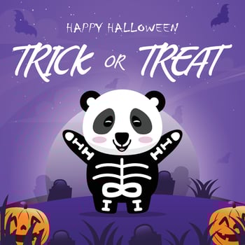 Panda uses costumes skeletons for Halloween party celebrations, funny costumes with scary Halloween backgrounds. vector