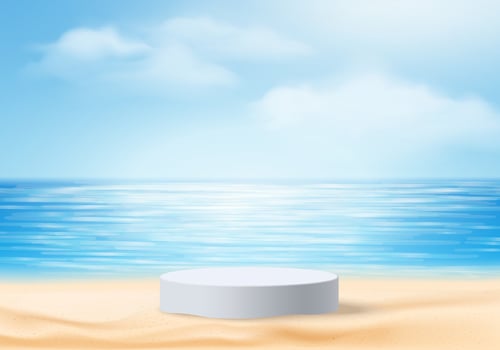 3d summer background product display podium scene with cloud platform. summer background vector 3d render on ocean, podium display in sea. stand show cosmetic product display blue sky