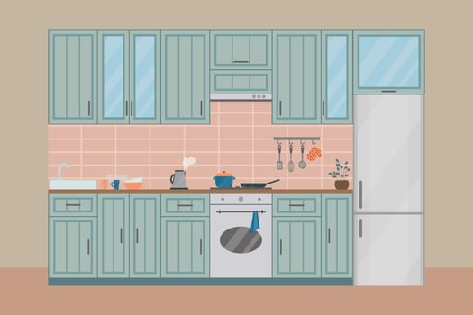Cozy kitchen interior, flat vector illustration. Refrigerator, furniture, oven, flowerpot, kettle, dish towel, crockery.