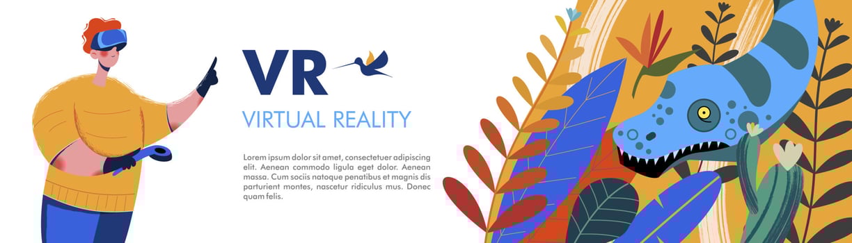 Virtual reality. The man with the glasses of virtual reality in the jungle of the Mesozoic period among the dinosaurs and tropical plants. vector