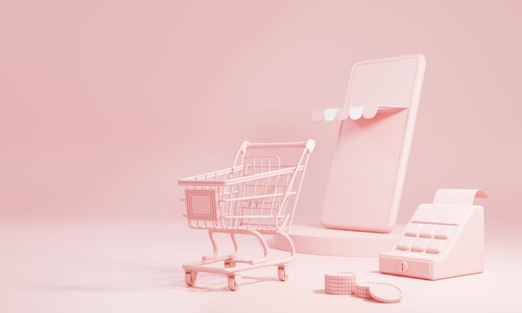 Online shopping and delivery concept with copy space on pink pastel background. Business and delivery E-commerce store. 3D illustration rendering photo