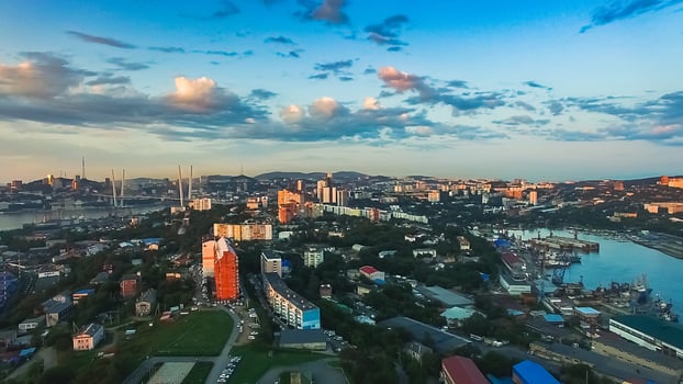 Aerial view of the city landscape with views of buildings and architecture photo