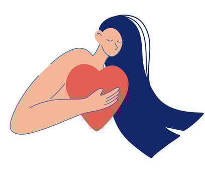 Young Woman holds the heart in her hands. Love yourself concept. Mental health, body positive, self care, women's day card with cute girl. Modern flat vector illustration.