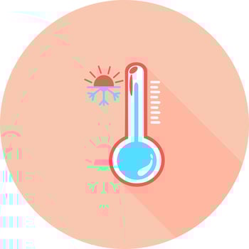 Celsius or fahrenheit meteorology thermometer measuring heat or cold, vector illustration. Thermometer equipment showing hot or cold weather. Medicine thermometer in circle icon with long shadows.