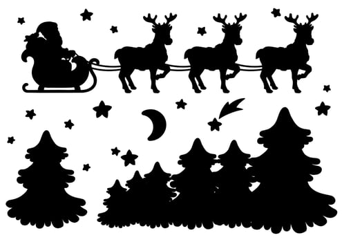 Santa Claus carries Christmas presents on a reindeer sleigh. Black silhouette. Design element. Vector illustration isolated on white background. Winter forest.