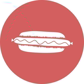 Hot dog in circle icon. Cute hot dog in flat style. Vector art illustration icon. Elements for design food products, logo farm, grocery store, fast food.