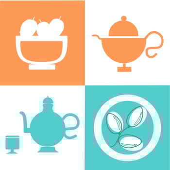 Ramadan Iftar party food design elements. bowl of dates Arabic dishes. Vector set. Ramadan Kareem Generous Ramadan in Arabic freehand for Islam religious festival Eid with grand meal.