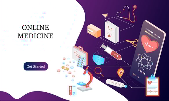 Isometric landing page design template for Online Pharmacy, Online Medicine, Medical Service and Healthcare Insurance. Flat isometric vector illustration for backgrounds, infographics, web banners.